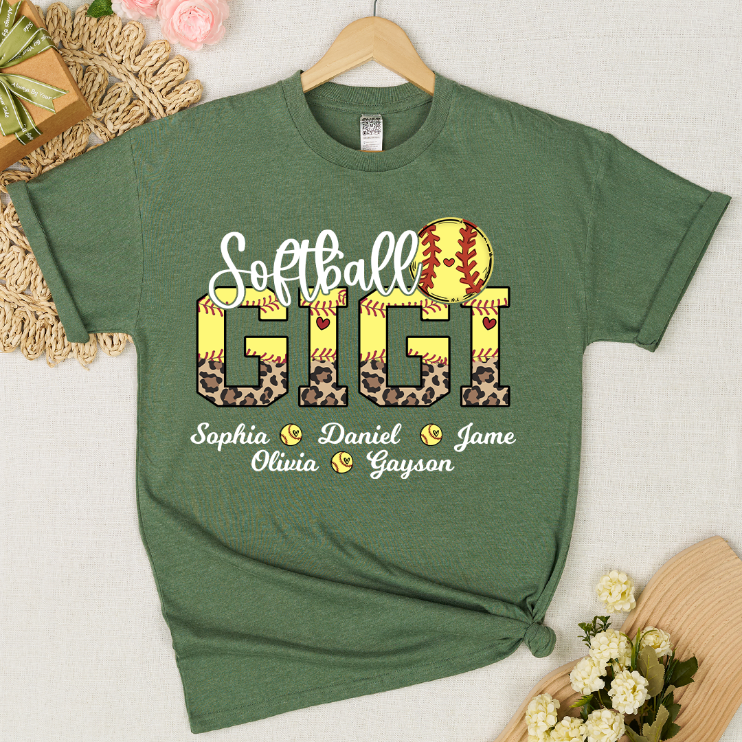 Leopard Softball Nana Personalized Grandma And Grandkids T-shirt