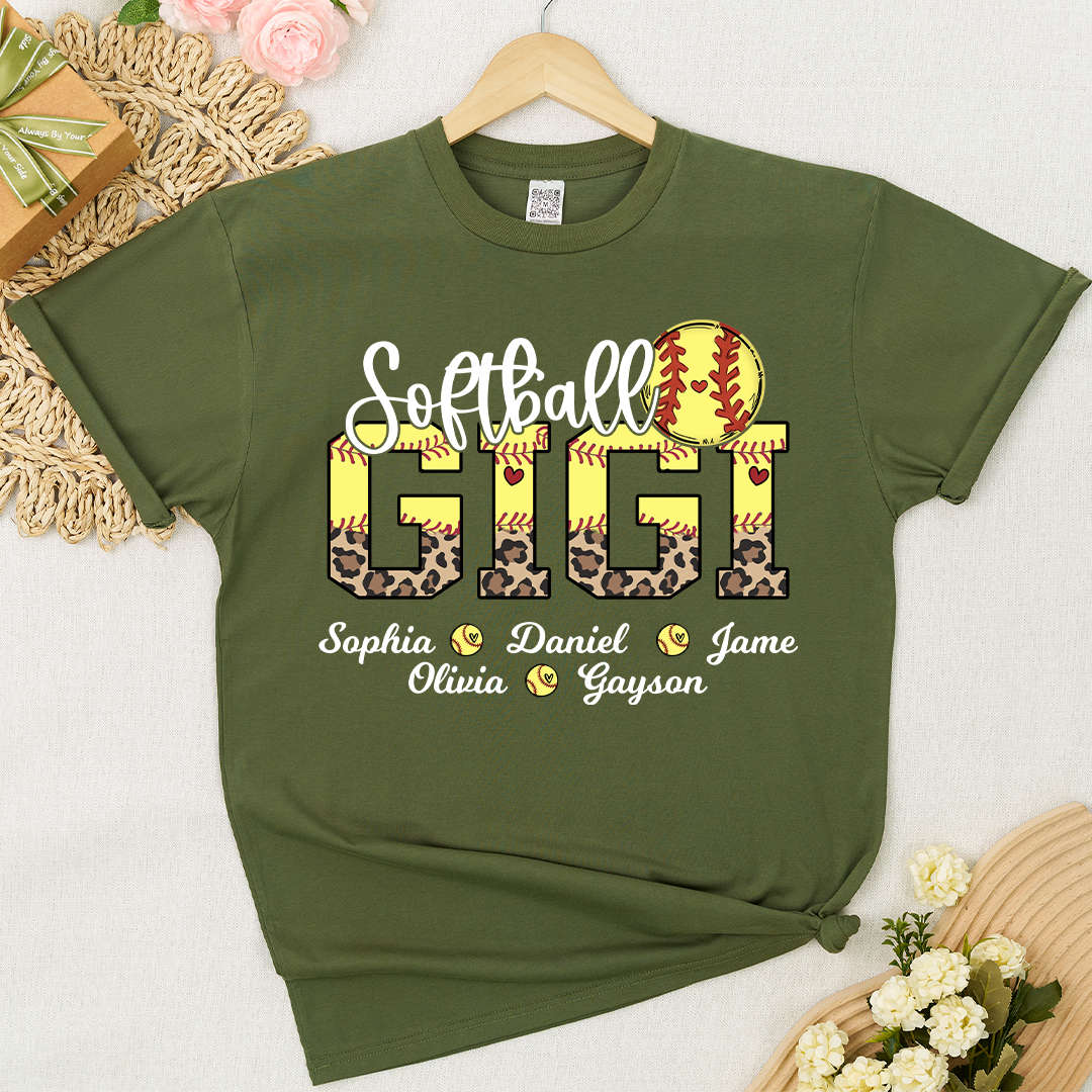 Leopard Softball Nana Personalized Grandma And Grandkids T-shirt