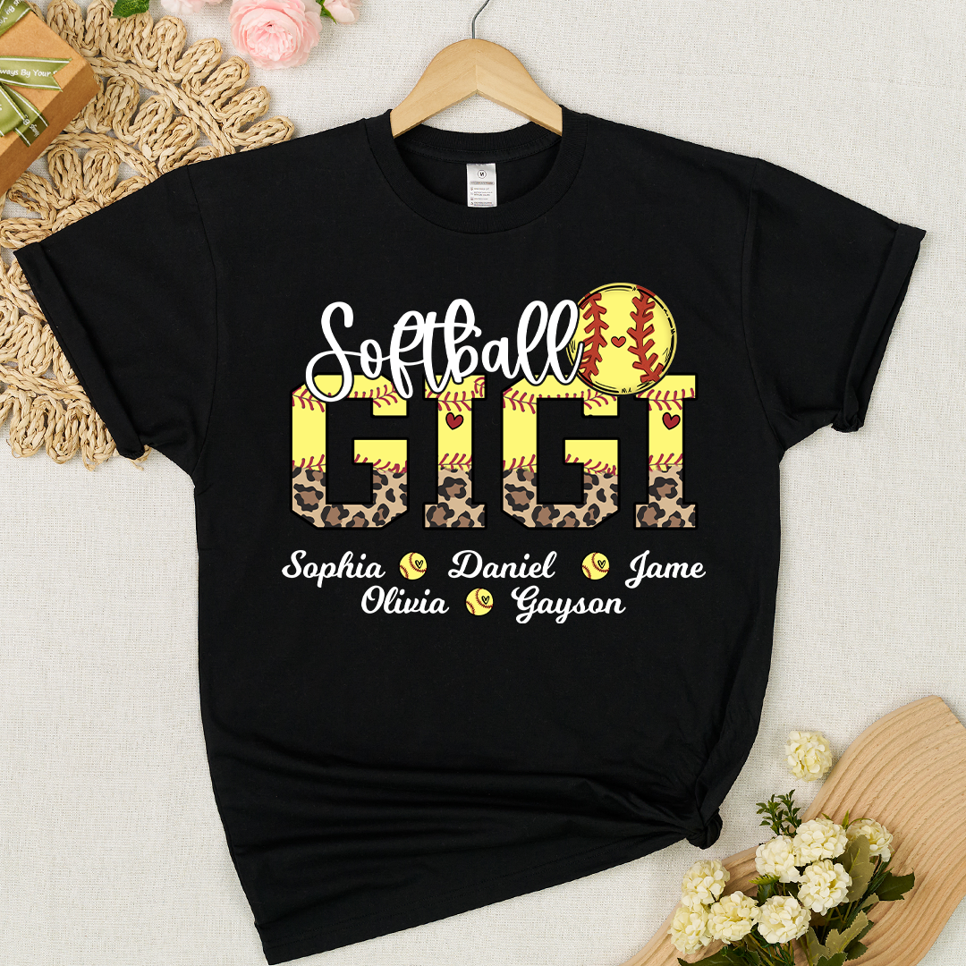 Leopard Softball Nana Personalized Grandma And Grandkids T-shirt