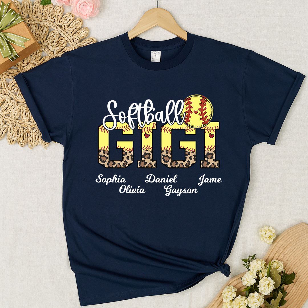 Leopard Softball Nana Personalized Grandma And Grandkids T-shirt