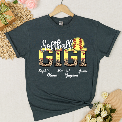 Leopard Softball Nana Personalized Grandma And Grandkids T-shirt
