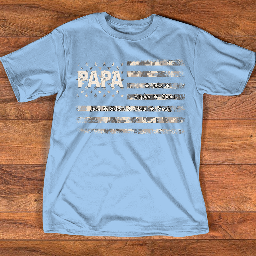 Personalized Papa American Flag Shirt with Kids Names, Custom Grandpa Patriotic Family Shirt, Vintage USA Flag Papa Grandpa Shirt for Fathers Day Birthday Gift