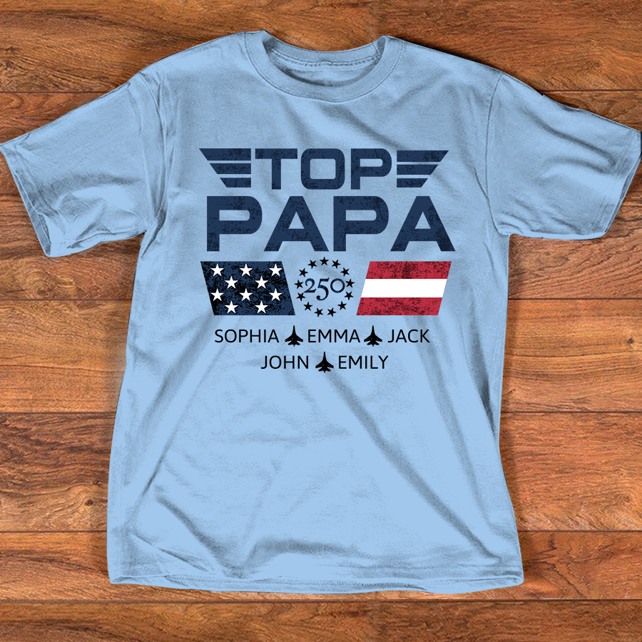 Personalized Top Papa Shirt with Custom Kids Names, Patriotic Airplane Grandpa T Shirt, U.S. 250th Anniversary Family Apparel for Fathers Day Birthday