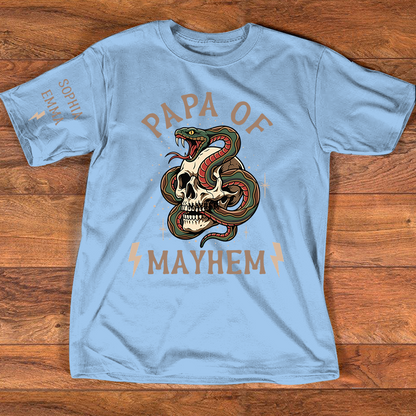 Papa Of Mayhem Personalized Shirt, Custom Papa Skull Snake Tee with Kids Names on Sleeve, Funny Grandpa Father Graphic T Shirt, Gift For Father’s Day Birthday