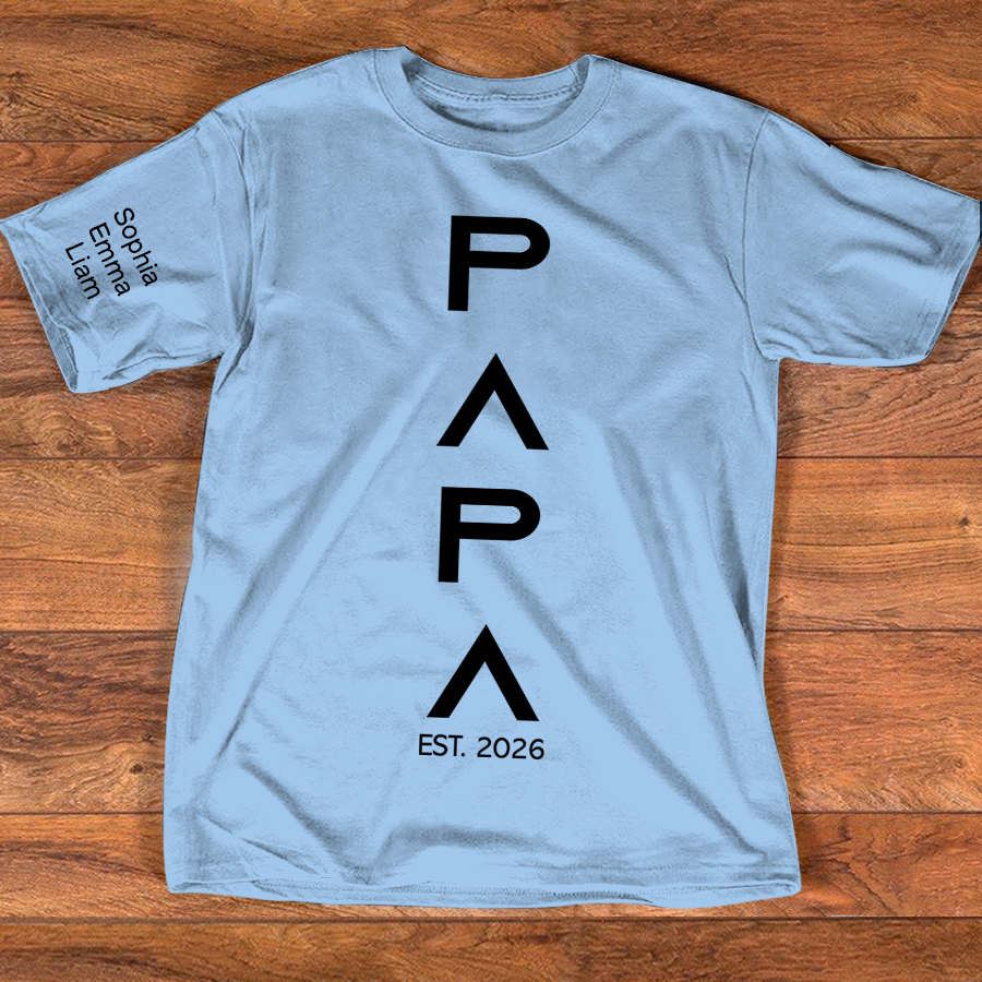 Personalized Papa Shirt with Kids Names on Sleeve, Minimalist Vertical Papa Design Tee, Custom Grandpa Family T Shirt, Gift for Father Day Birthday