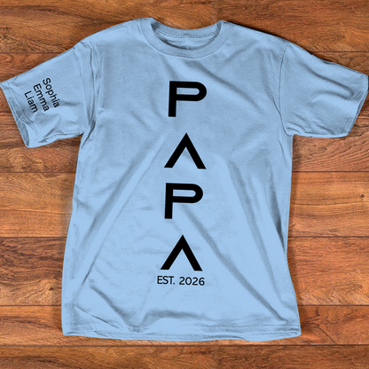 Personalized Papa Shirt with Kids Names on Sleeve, Minimalist Vertical Papa Design Tee, Custom Grandpa Family T Shirt, Gift for Father Day Birthday