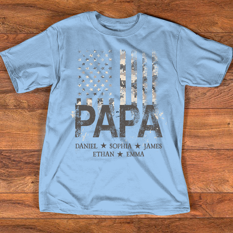 Personalized Papa American Flag Shirt, Custom Kids Names Patriotic T Shirt for Dad Grandpa, U.S. 250th Anniversary 4th of July Birthday Gift