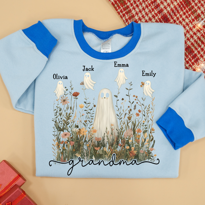 Grandma Cute Ghost in Wildflowers And Grandkids Fall Sweatshirt Mix