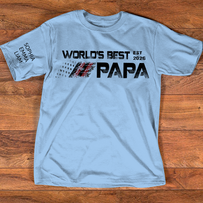 Personalized World’s Best Papa Shirt Custom Kids Names on Sleeve, Patriotic American Flag Grandpa T Shirt, Fathers Day Birthday Gift for Papa Dad Grandpa