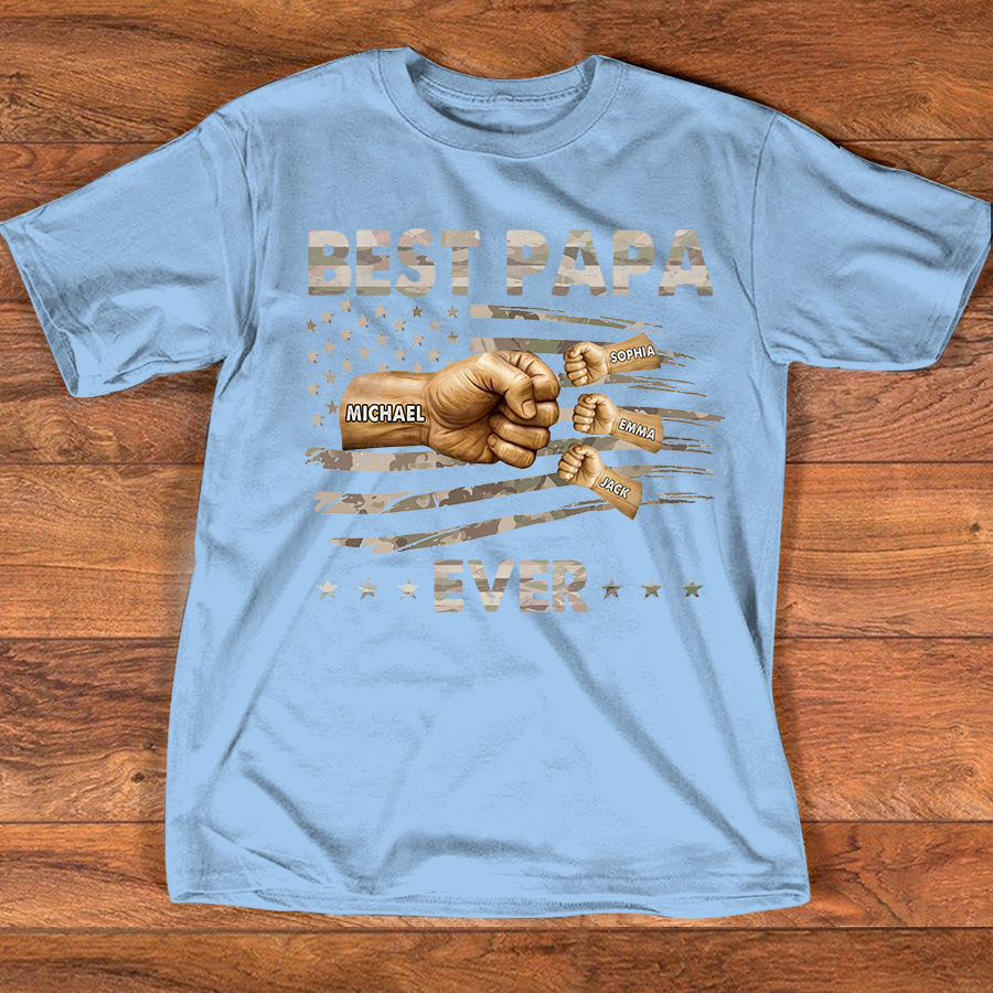 Personalized Best Papa Ever Shirt, Custom Fist Bump Family Names Tee for Papa Grandpa Dad, Patriotic American Flag Fathers Day Shirt