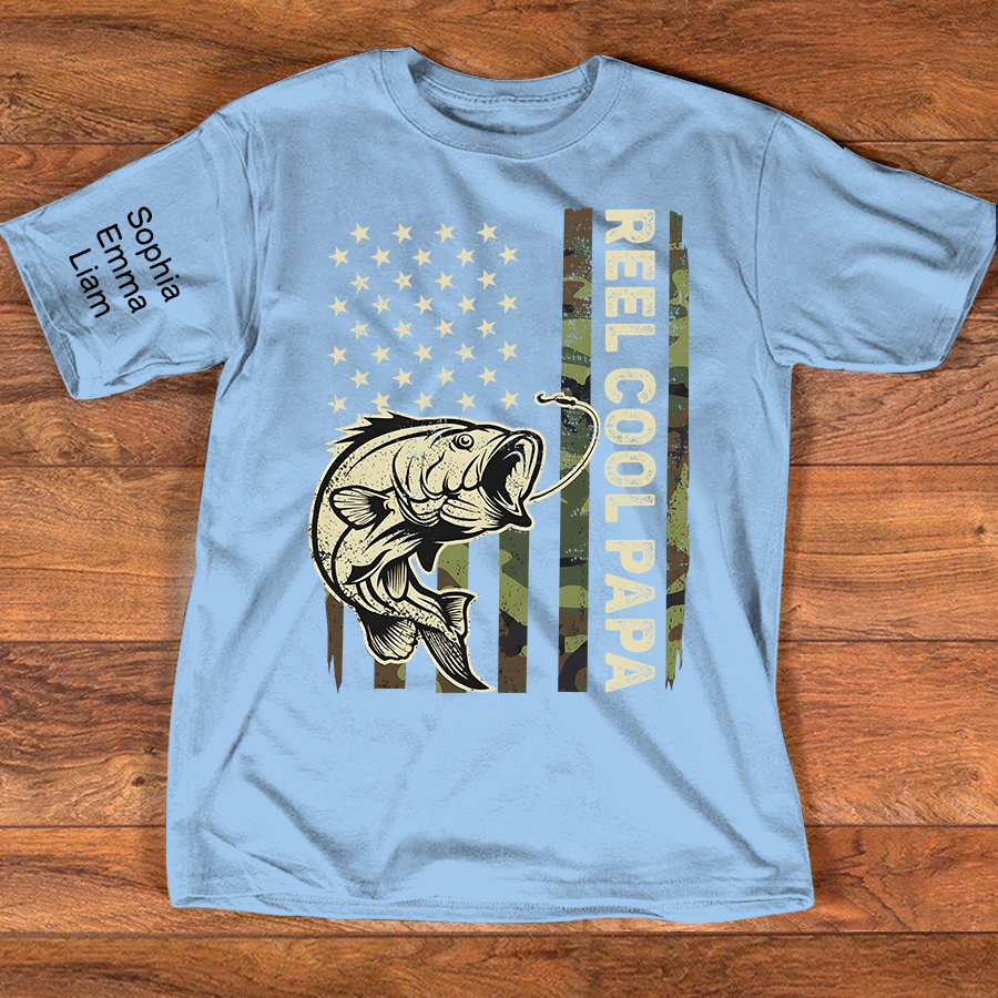 Personalized Reel Cool Papa Fishing Shirt Custom Kids Names on Sleeve, Bass Fish American Flag Shirt for Grandpa Dad, Fathers Day Family Gift