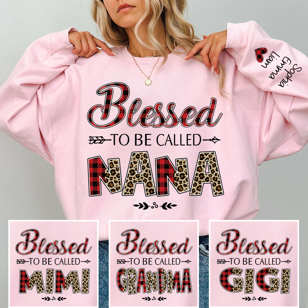 Personalized Blessed To Be Called Nana Sweatshirt With Grandkids Names, Custom Grandma Gift, Leopard Plaid Nana Crewneck