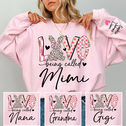 Love Being Called Mimi Sweatshirt With Bunny Design And Names, Easter Family Gift