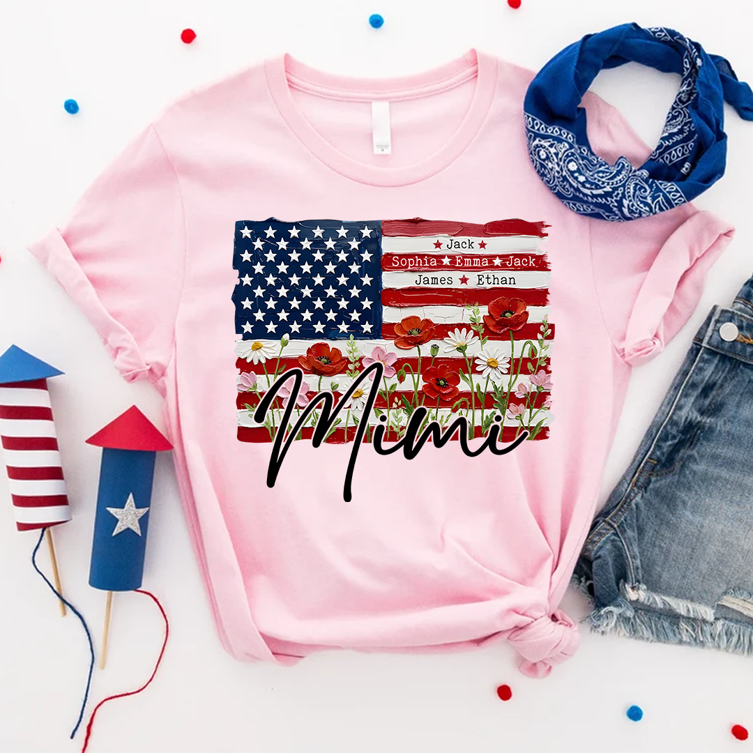 Personalized Patriotic USA Flag Floral Mimi T-shirt, Custom Family Names T Shirt, Perfect for Nana, Gigi, Grandma