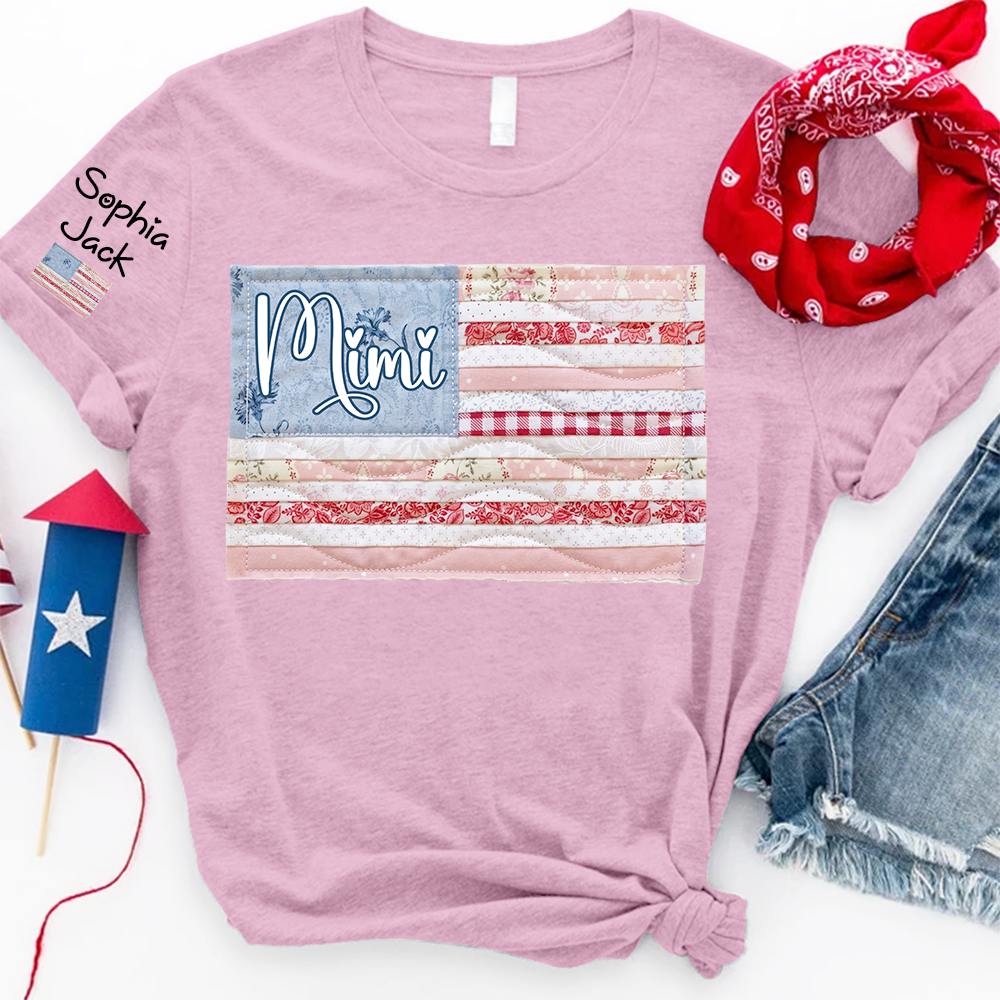 Personalized Mimi Patriotic Patchwork Flag Shirt with Custom Kids Names on Sleeve, Vintage Family Grandma Tee for Women, 4th of July Birthday Shirt