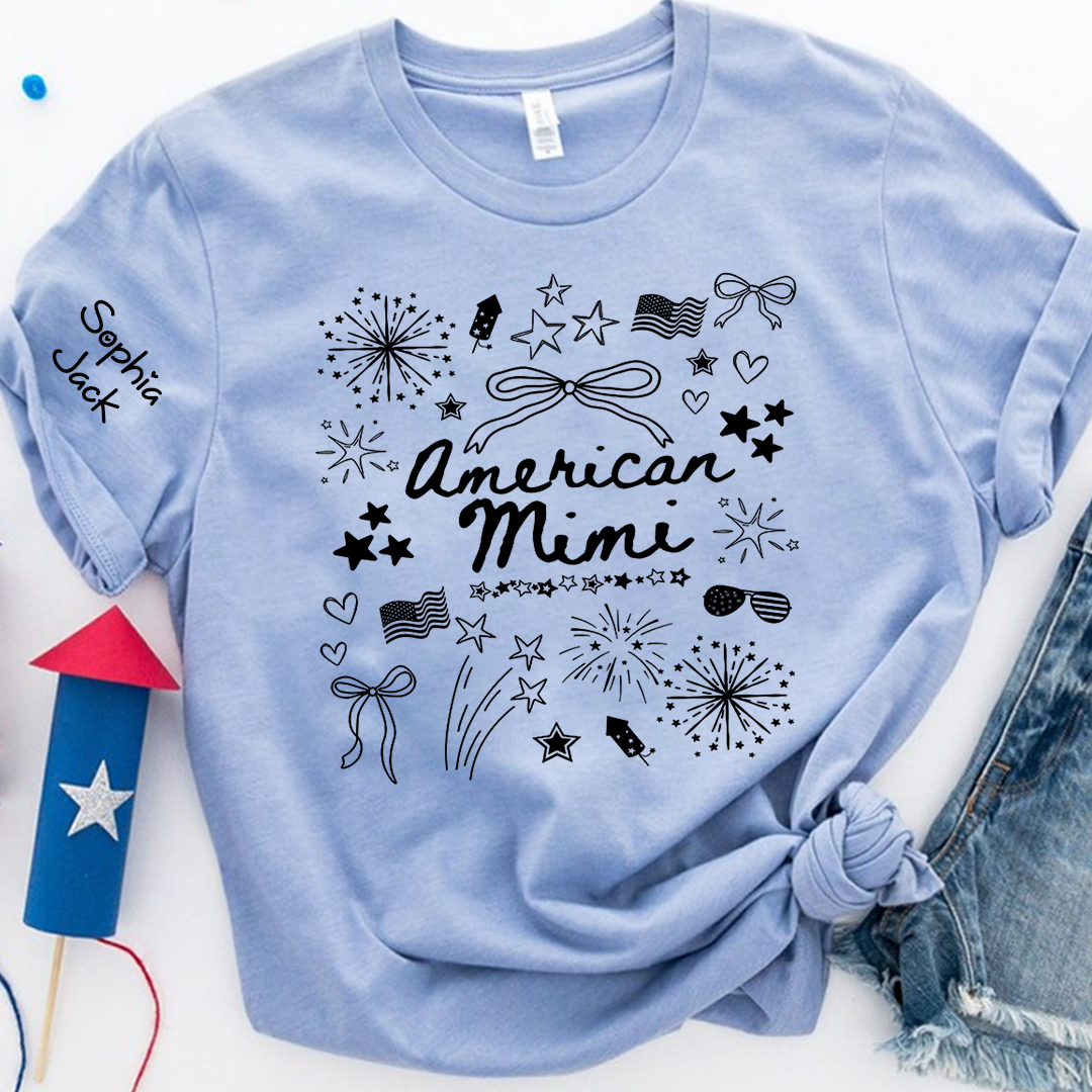 Personalized American Mimi T-Shirt Custom Family Nickname Shirt with Firework Design for 4th of July, Gifts for Mother's Day, Birthday