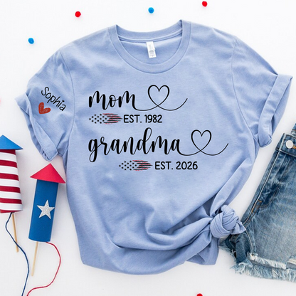 Personalized Mom & Grandma T-Shirt, Custom EST Year Design for Mom, Grandma, Mimi, Gigi, Nana, American Flag Hearts Graphic, Gifts for Mother's Day, 4th of July