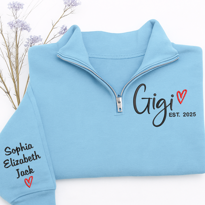 Custom Gigi Heart Est Sweatshirt, Personalized Gigi And Grandkids Embroidered Quarter Zip Sweater