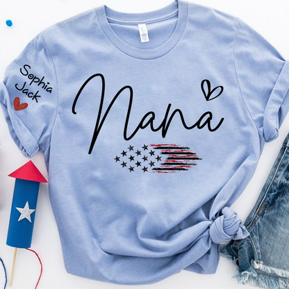 Personalized Nana American Flag T-Shirt, Custom Design with Name, Patriotic Family Shirt for 4th of July, Gifts for Mother's Day, Birthday