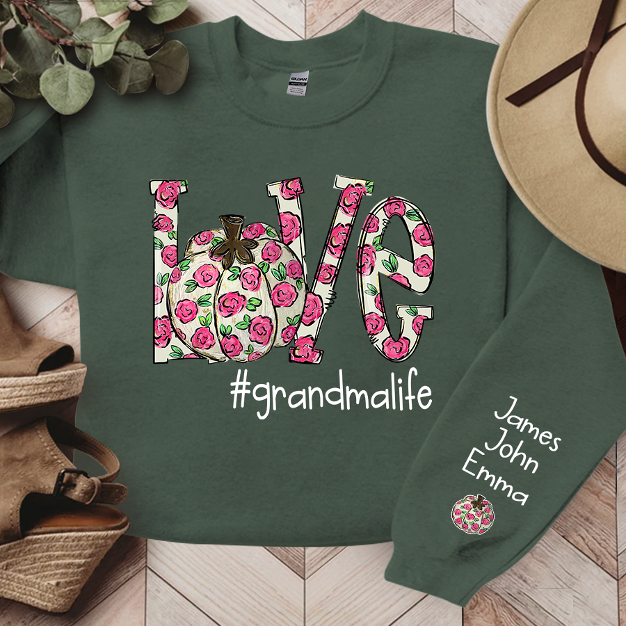 Personalized Love Pumpkin Flower Grandmalife And Grandkids Names Sweatshirt