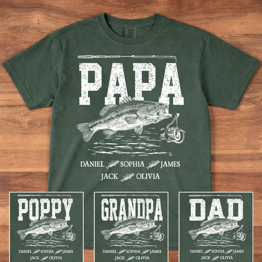 Comfort Colors® Papa Fishing Custom Name, Personalized Dad Papa Grandpa and Grandkids Gift  Father's Day T-shirt