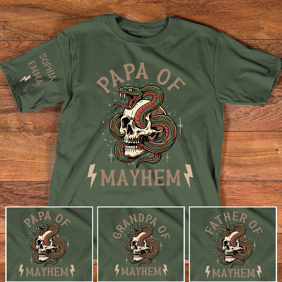 Papa Of Mayhem Personalized Shirt, Custom Papa Skull Snake Tee with Kids Names on Sleeve, Funny Grandpa Father Graphic T Shirt, Gift For Father’s Day Birthday