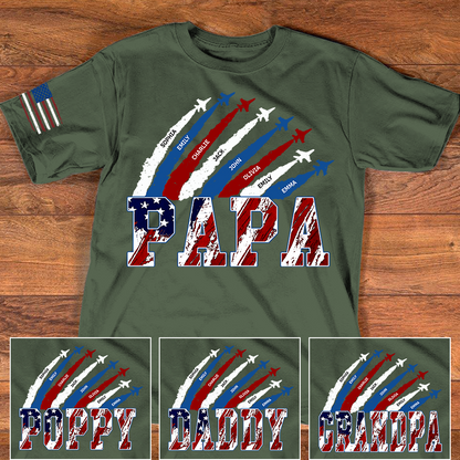 Personalized Papa Airplane Shirt, Custom Kids Names Patriotic T Shirt for Papa, 4th of July American Flag Family Gift