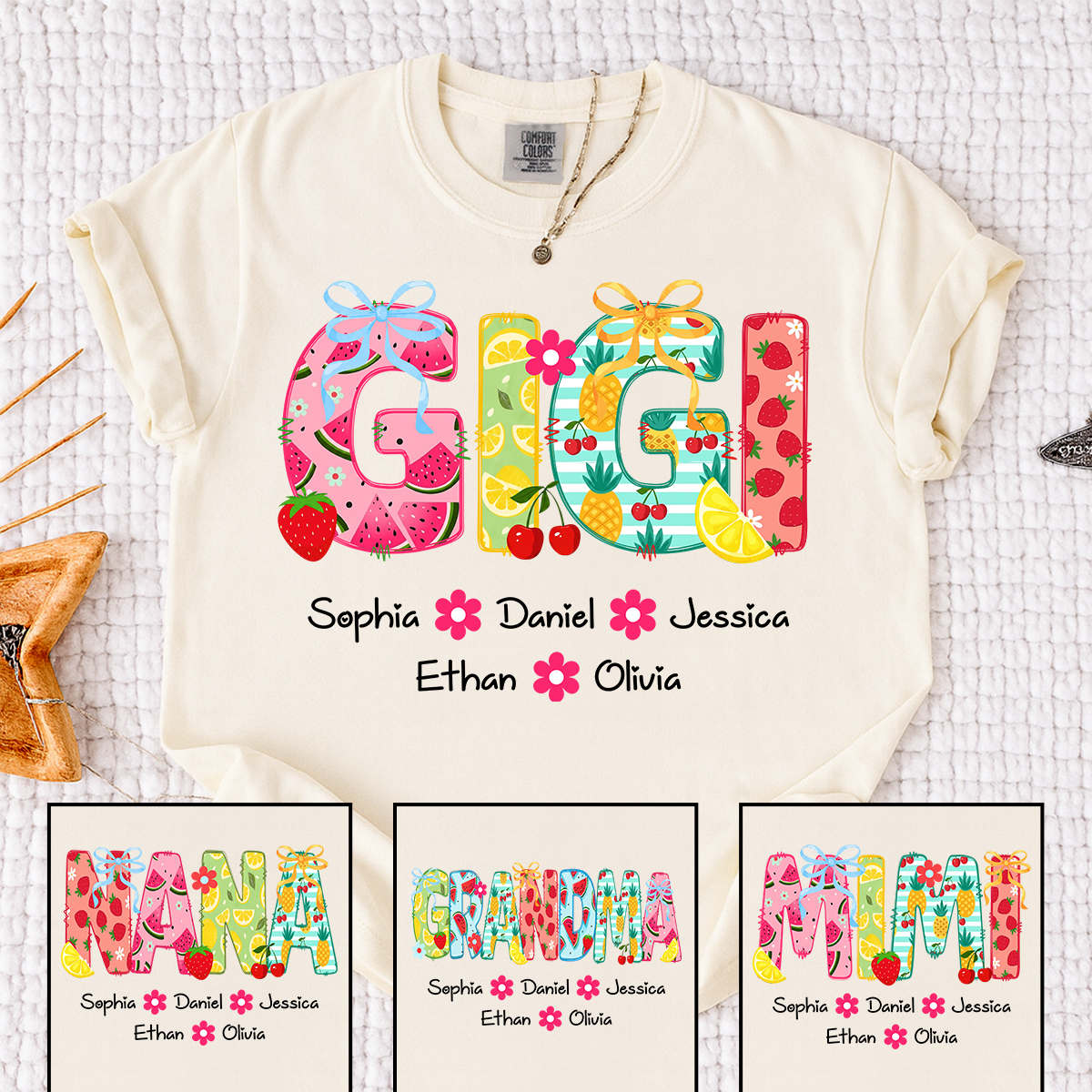Comfort Colors Personalized Gigi Summer Shirt, Custom Grandma T Shirt with Grandkids Names, Fruit Pattern Family Tee for Gigi Nana Mimi
