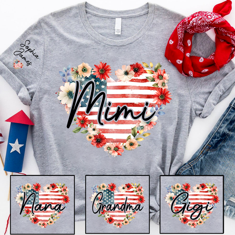 Floral Heart Mimi Shirt – Personalized Family Names with American Flag Design, Great Gift for Mimi