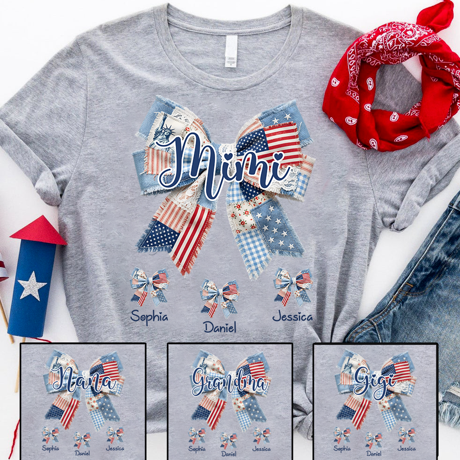 Custom Mimi Tee with Children’s Names, Patriotic Patchwork Bow Shirt, Perfect Gift for Grandma Holidays or Birthday