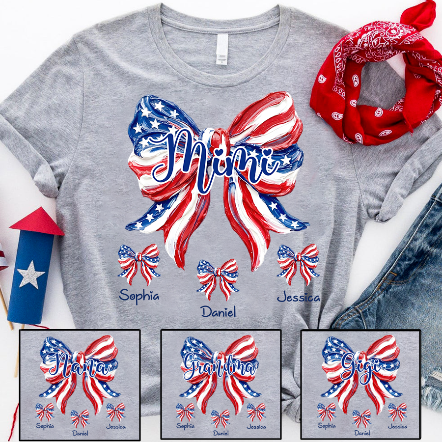 Patriotic Mimi Shirt for Grandma, Custom USA Flag Bow Tee, Personalized Family Names Summer Holiday Gift