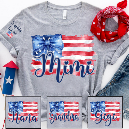 Personalized Mimi American Flag T Shirt with Blue Bow, Custom Mom Gift for Independence Day