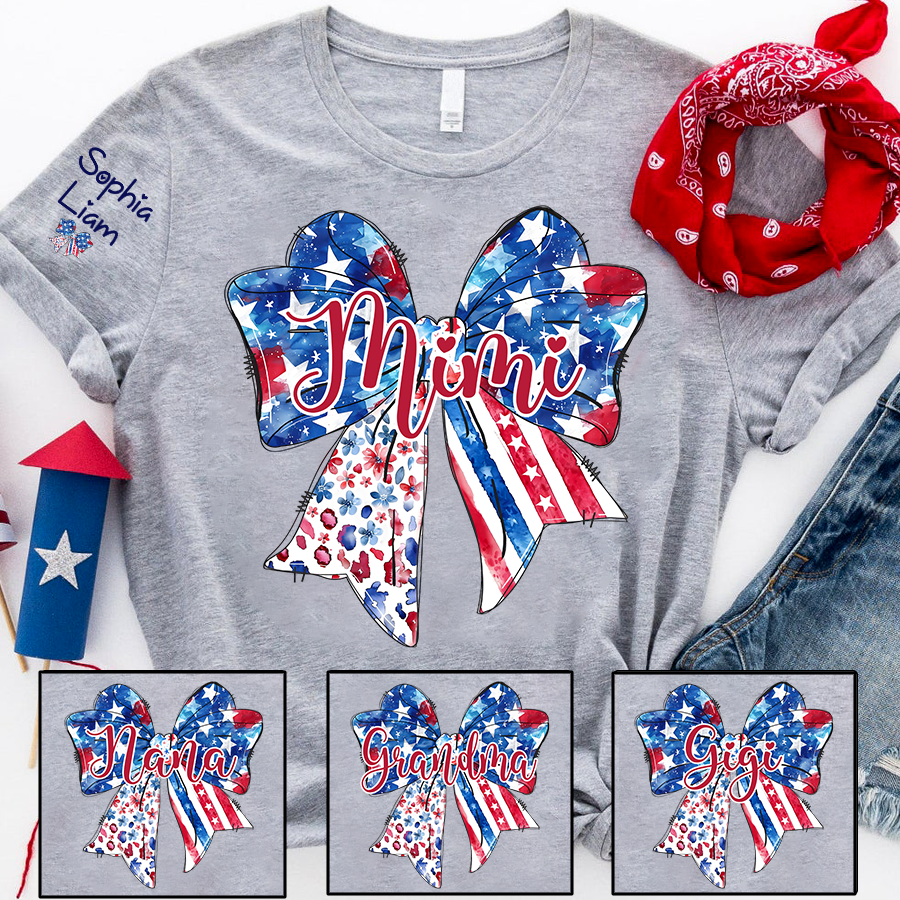 Custom Mimi Shirt with Sleeve Names, American Flag Bow Graphic Tee, Patriotic Grandma Independence Day Apparel