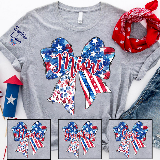 Custom Mimi Shirt with Sleeve Names, American Flag Bow Graphic Tee, Patriotic Grandma Independence Day Apparel
