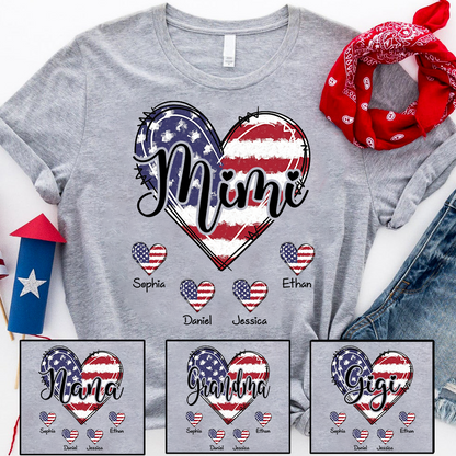 Custom Mimi Shirt with Grandkids Names American Flag Heart Design Personalized Family Name Tee