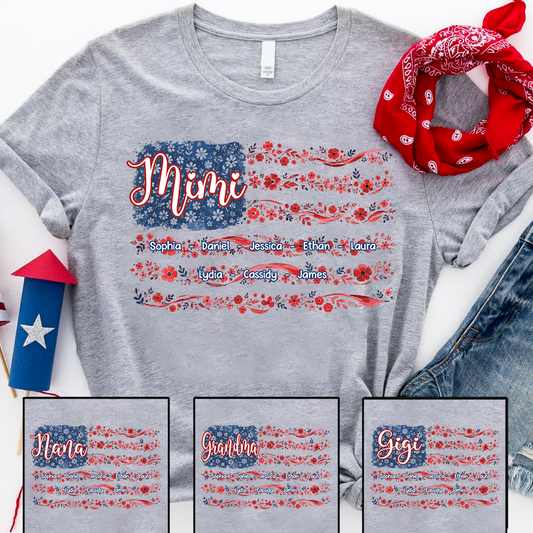 Mimi Floral American Flag Shirt, Custom Grandkids Name Tee, Patriotic Grandma Gift for Nana Mimi Great Grandma