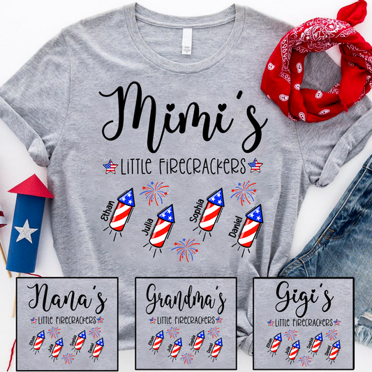 Custom Mimi Little Firecrackers Shirt, Children Names Personalized, Patriotic Stars Rockets Graphic, Family Matching Independence Day Apparel