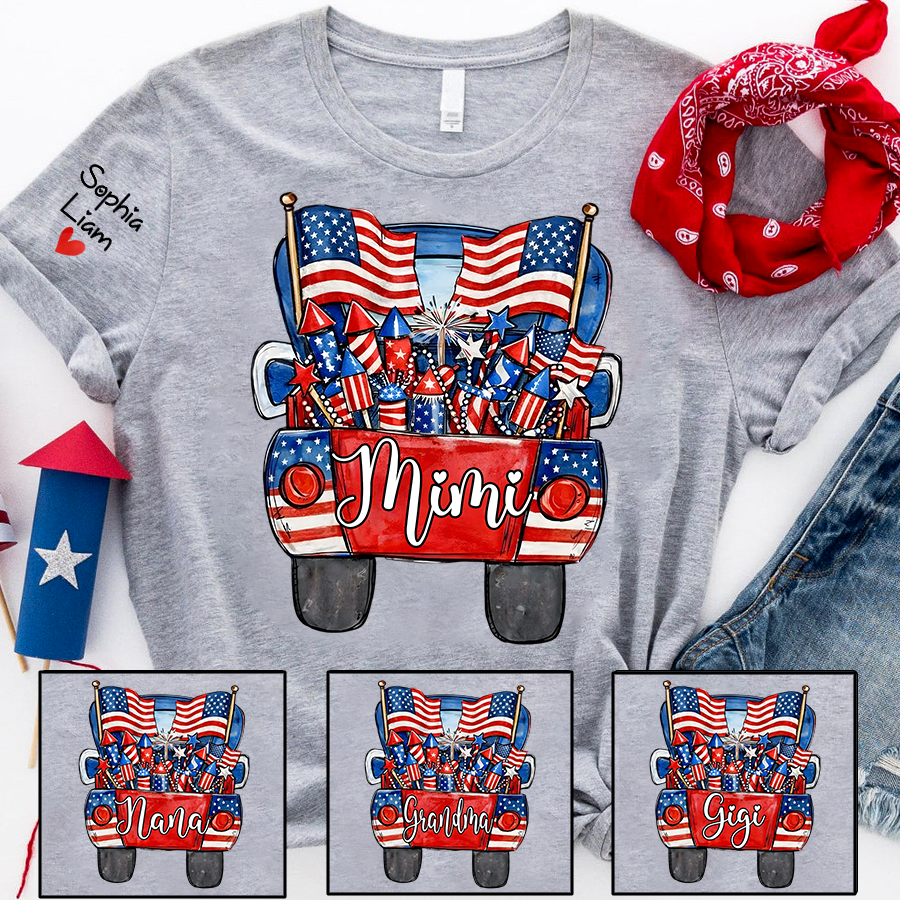 Personalized Mimi Shirt, Patriotic Truck Fireworks Design, Custom Name Sleeve, Fourth of July Shirt, Independence Day Family Outfit