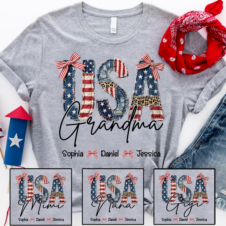 Custom Grandma T Shirt with Grandchildren Names Vintage USA Flag Patchwork Shirt Personalized Grandma Gift for Mom