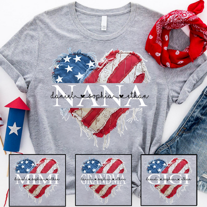 Personalized Nana T Shirt, Custom American Flag Heart Design with Family Names, Patriotic Gift for Nana
