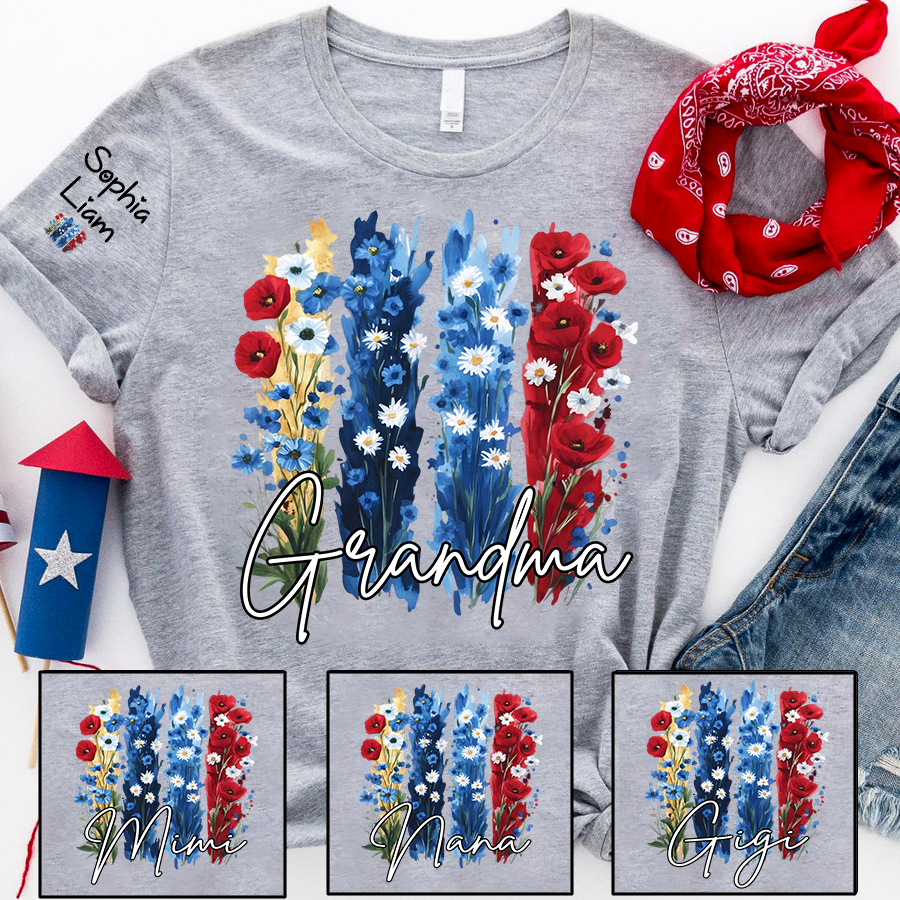 Personalized Grandma Shirt with Floral Design, Custom Grandma Gift, Perfect Mother's Day, 4th of July T Shirt