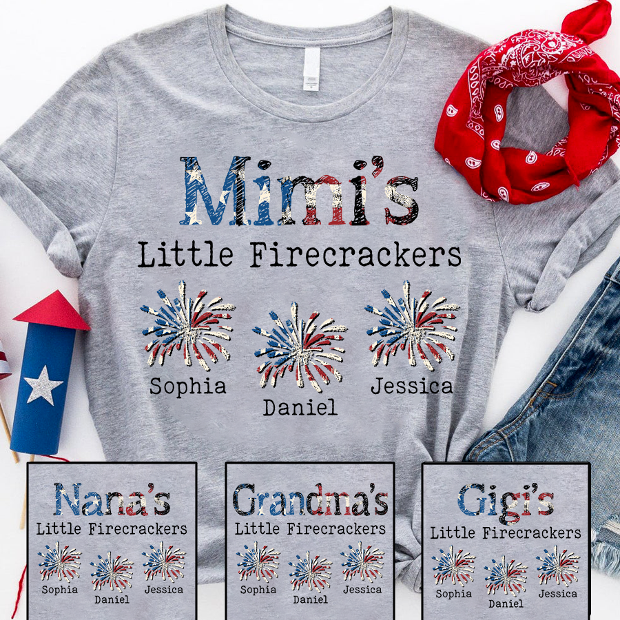 Personalized Mimi's Little Firecrackers Shirt with Kids Names, Custom Patriotic Family Tee, 4th of July Grandma Shirt for Women