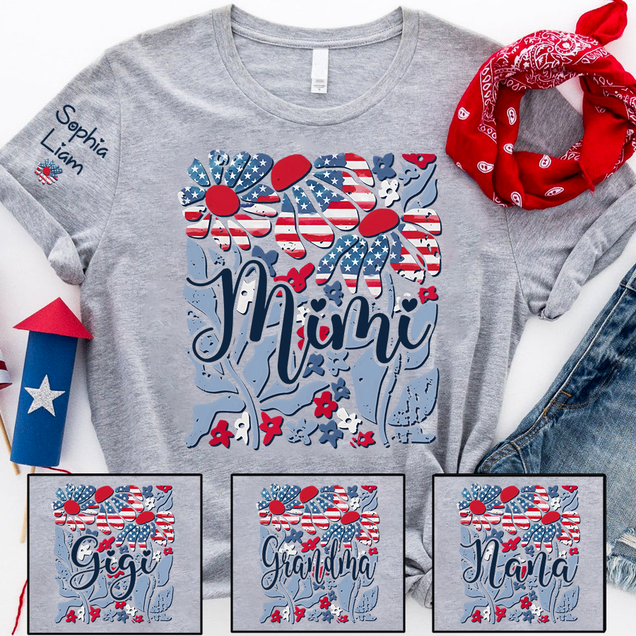 Custom Mimi Shirt with Patriotic Flowers and American Flag, Personalized Gift for Mom, Mother's Day T Shirt