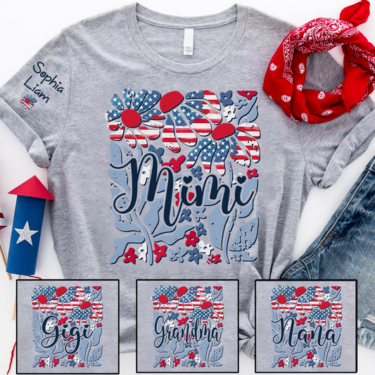 Custom Mimi Shirt with Patriotic Flowers and American Flag, Personalized Gift for Mom, Mother's Day T Shirt