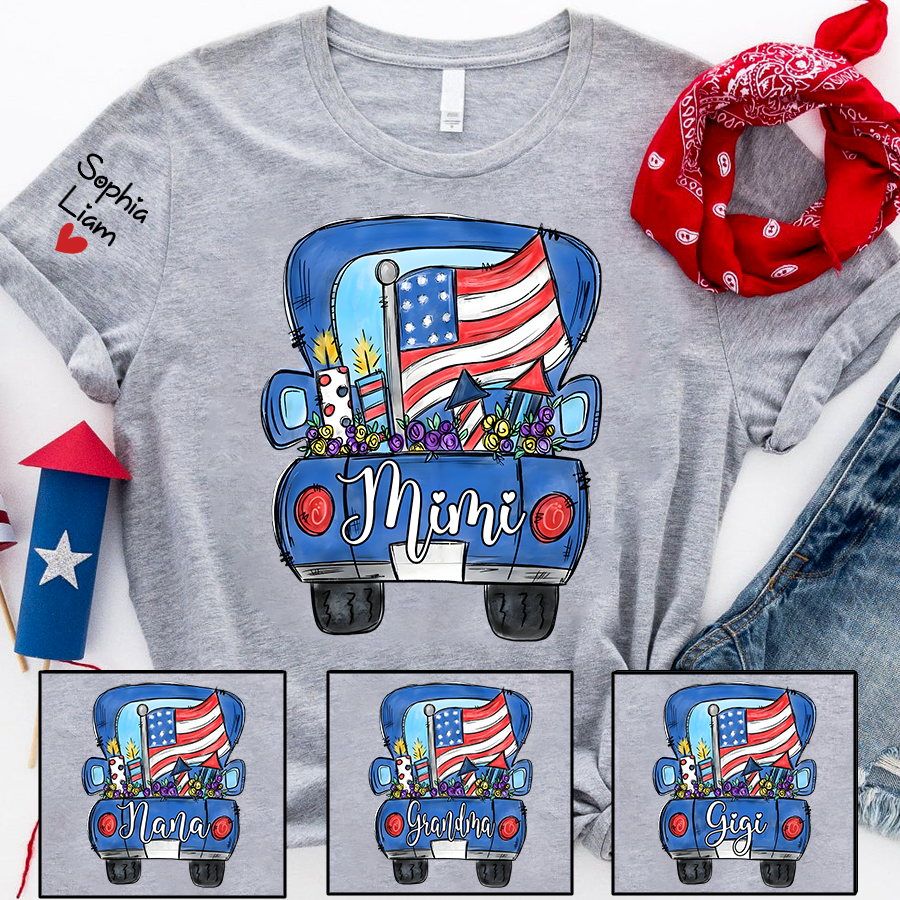 Mimi Shirt with Custom Names, Patriotic Pickup Truck Fireworks Graphic, Independence Day Family Matching Outfit