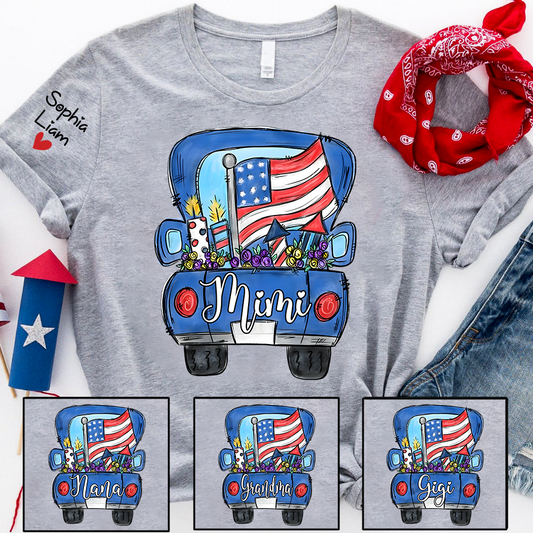 Mimi Shirt with Custom Names, Patriotic Pickup Truck Fireworks Graphic, Independence Day Family Matching Outfit