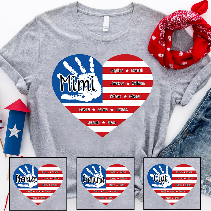Mimi Custom T Shirt with Family Names, American Flag Heart and Handprint Design, Ideal Gift for Mimi