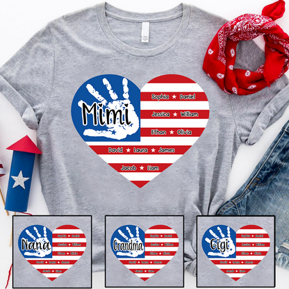Mimi Custom T Shirt with Family Names, American Flag Heart and Handprint Design, Ideal Gift for Mimi