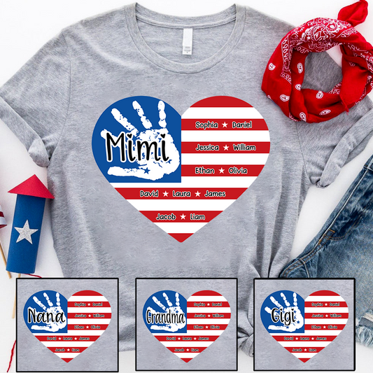 Mimi Custom T Shirt with Family Names, American Flag Heart and Handprint Design, Ideal Gift for Mimi