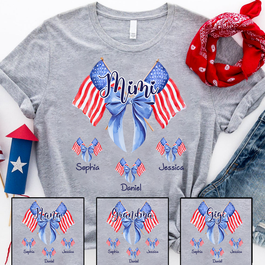 Personalized Mimi Patriotic Shirt with Kids Names, Custom Grandma American Flag Bow T Shirt for 4th of July Family Gift